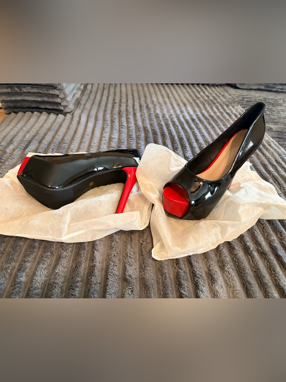 SHEIN Black Patent Peep-Toe Stilettos with Red Heel and Toe
